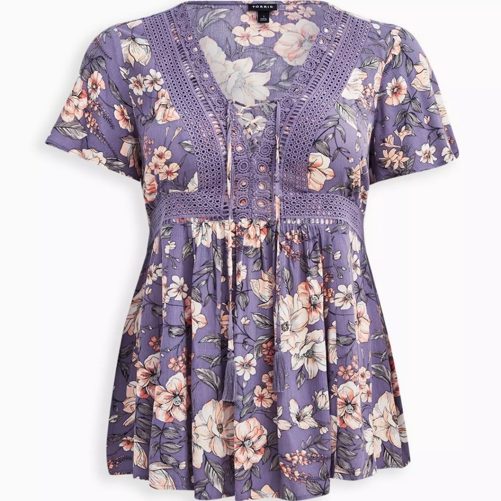 Torrid Purple Babydoll Crinkle Gauze Crochet Inset Floral Lace-Up Top Size 4